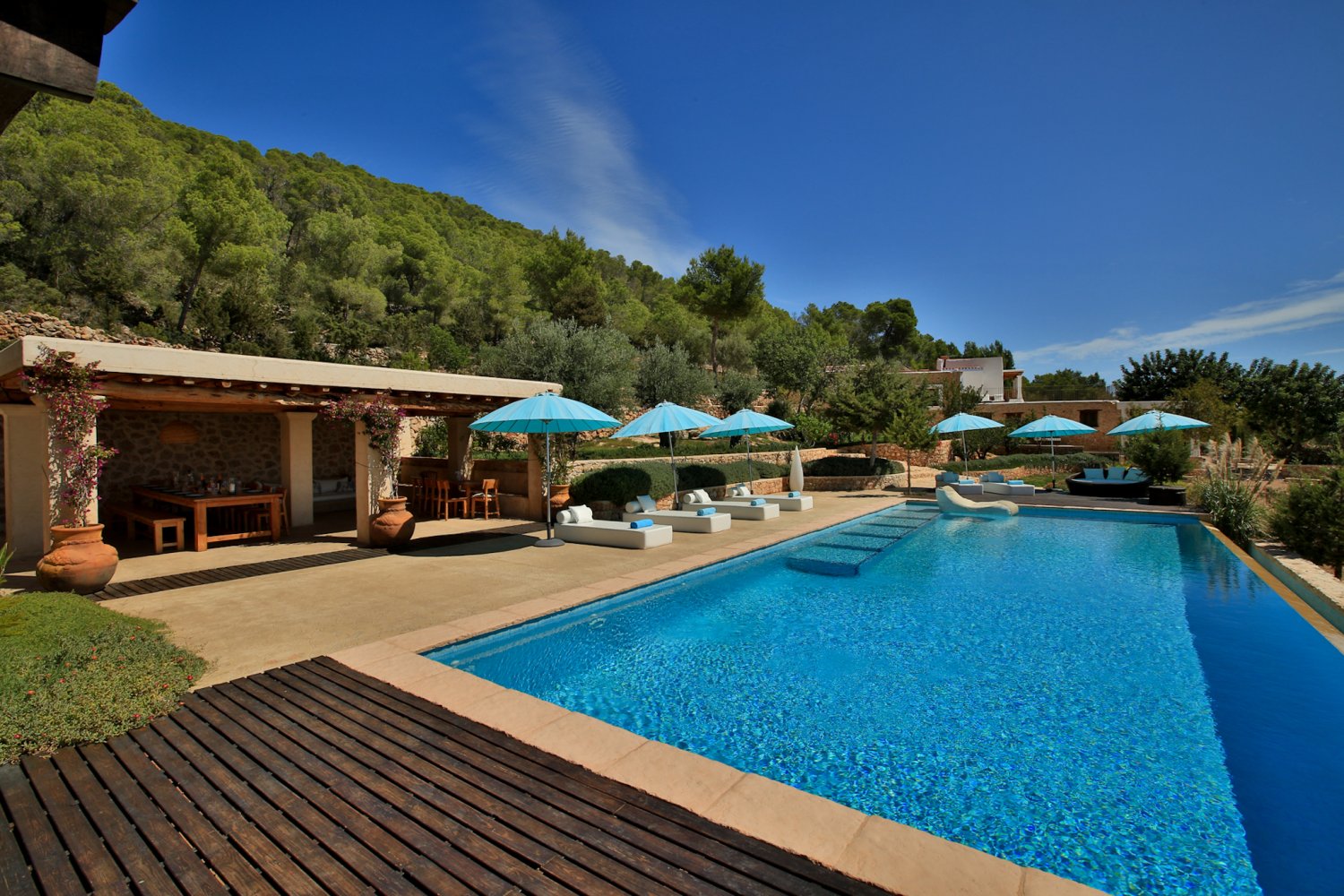 The pool terrace at Can Frare on a sunny Ibiza afternoon
